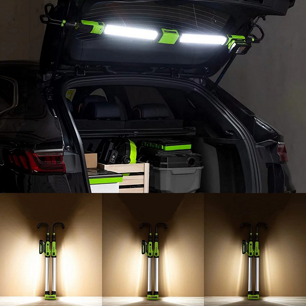 Аккумуляторный подкапотный LED-прожектор Greenworks G24UHL, 24v (без АКБ и З/У) - Прочная складная конструкция прожектора из двух плафонов выполнена с химически стойкой поликарбонатной линзой и алюминиевым корпусом. В сложенном виде габариты составляют всего 71,8 x 25,3 x 9,2 см, что позволяет легко поместить его в багажник автомобиля или в ящик верстака. Ширина установки под капот регулируется от 142 до 204 см благодаря раздвижной конструкции и поворотным крюкам с защитным покрытием, предохраняющим лакокрасочное покрытие (ЛКП) от повреждений.