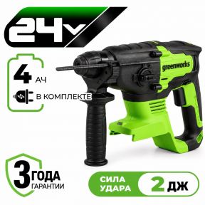 Аккумуляторный перфоратор Greenworks GD24SDS2K4 б/щ, 2 Дж, 24v (АКБ 1х4Ah, З/У, сумка) Аккумуляторный перфоратор Greenworks GD24SDS2K4 б/щ, 2 Дж, 24v (АКБ 1х4Ah, З/У, сумка)