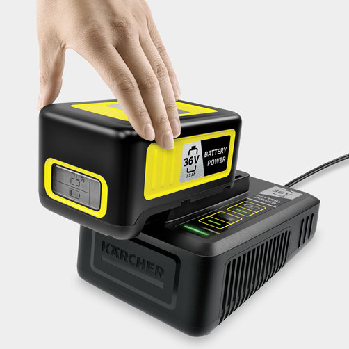 Стартовый комплект Karcher Battery Power 36/25 - <h3>Инновационная технология Real Time</h3>
ЖК-дисплей постоянно отображает состояние заряда, время до окончания процесса заряда или запас времени работы.